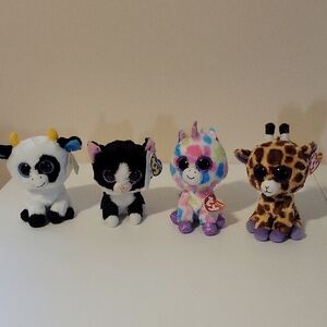 Ty Beanie Boos Plush Bundle - Cow(2011)Cat(2012)Unicorn(2013)Giraffe(2014)